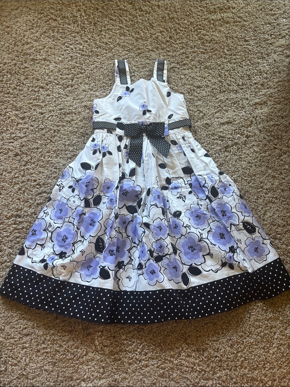 Girls White and Lavender Floral Sundress with Polka Dot Trim